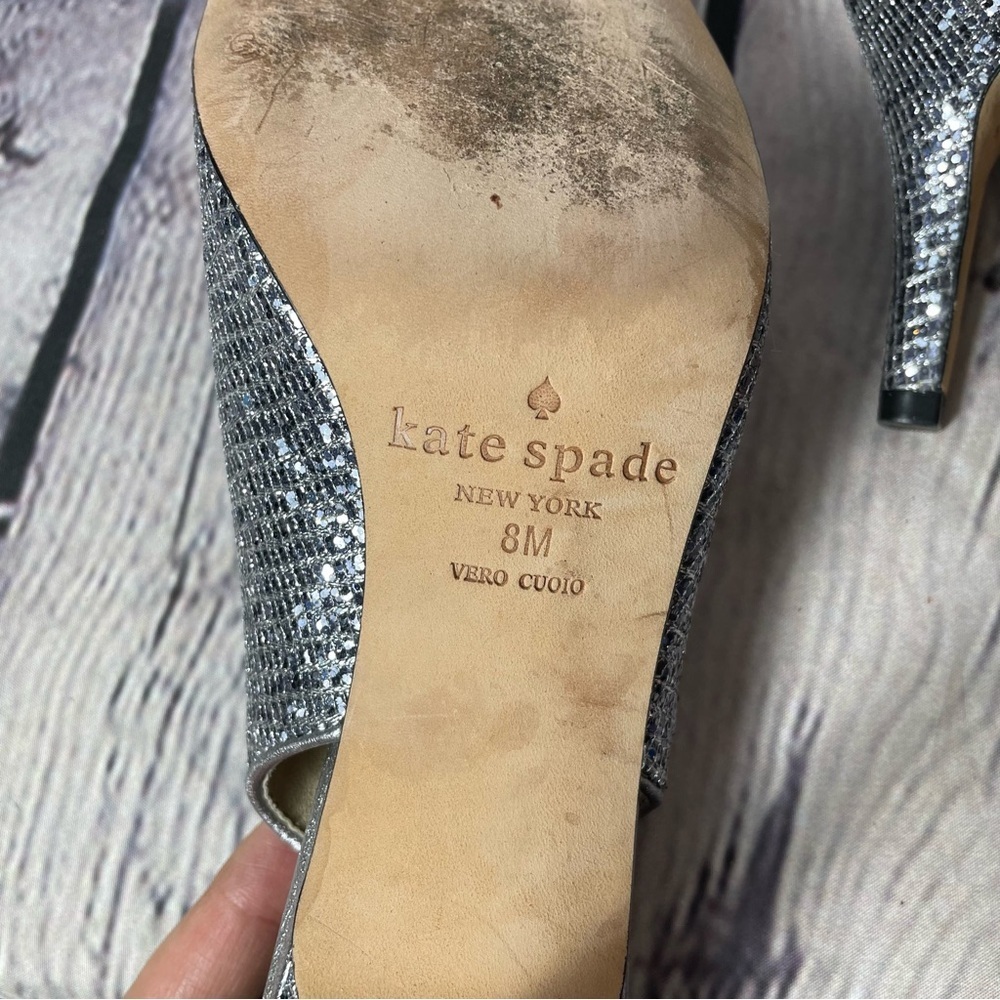 KATE SPADE NEW YORK Silver Glittery Leather Slingback Sandals Size 8 - Picture 7 of 8